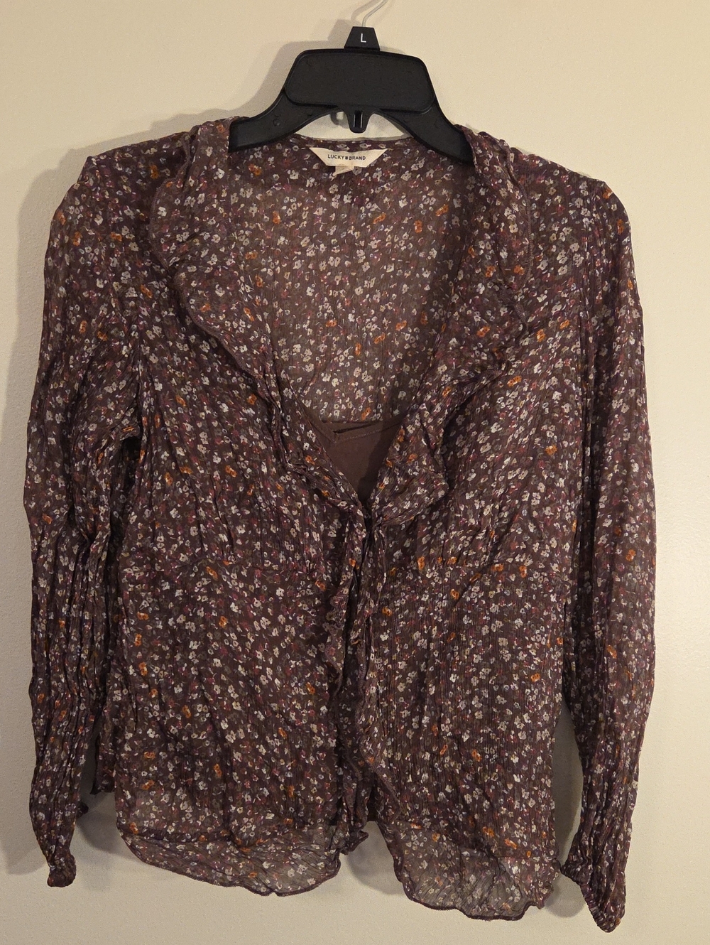 Lucky Brand Plum Floral Ruffle Sheer Blouse